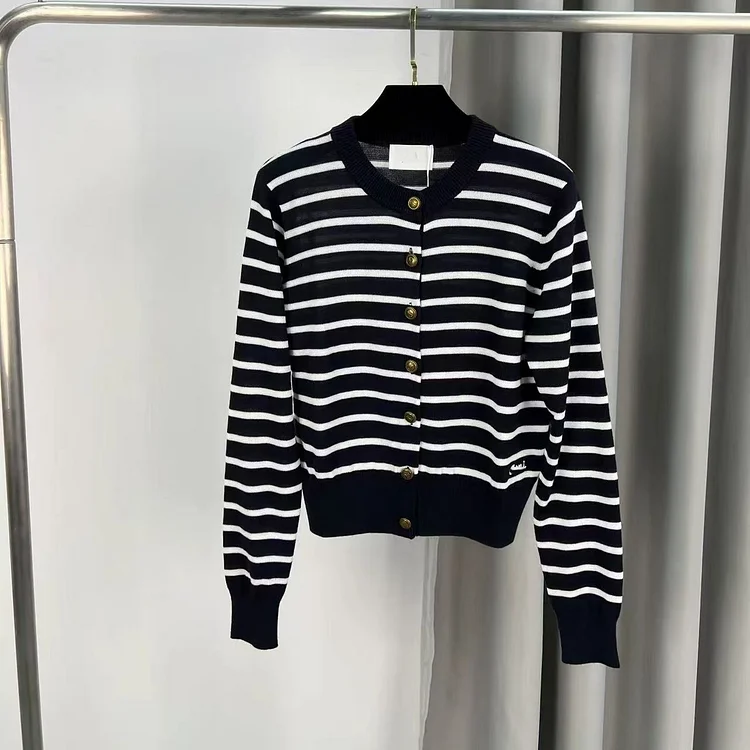 Women Casual Black White Stripe Sweater Cardigan