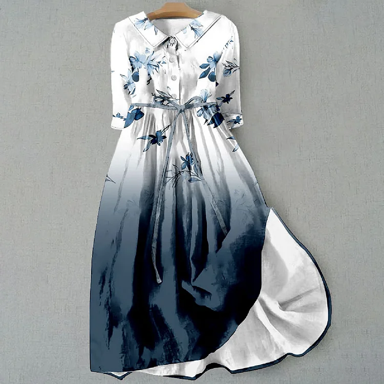 VChics Gradient Floral Print Lapel Midi Dress