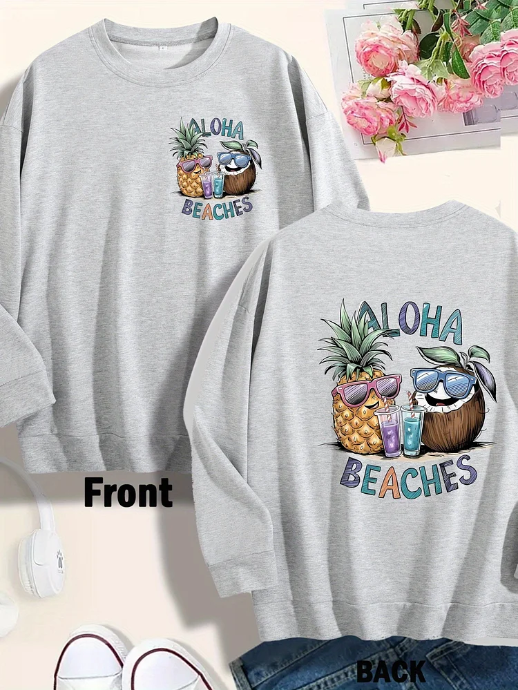 Women's Hawaiian Beach Pineapple Graphic Sweatshirt - Vibrant Tropical Design With Tiki Mug, Glasses & Drink, Casual Crew Neck, Long Sleeve, Perfect For Summer Vacation & Casual Attire, Hawaiian Shirt