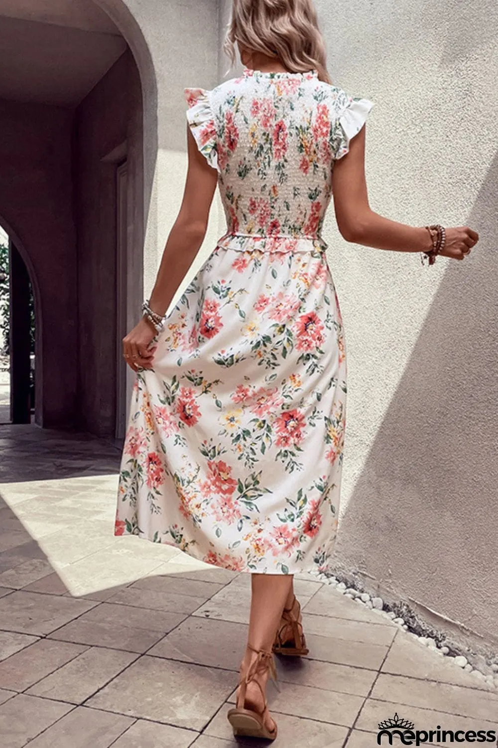 Floral Smocked Butterfly Sleeve Slit Dress