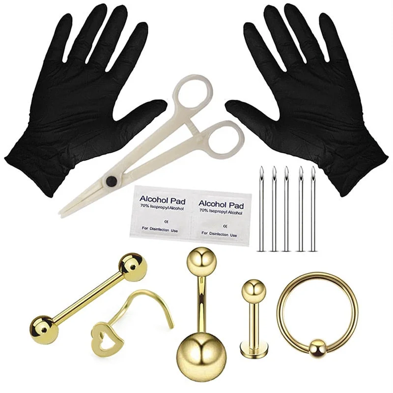 Body Piercing Kit With Needle Pack Nose Septum Belly Button Piercing Tool Kit Ear Tragus Nipple Eyebrow Labret Pircing Set Clamp
