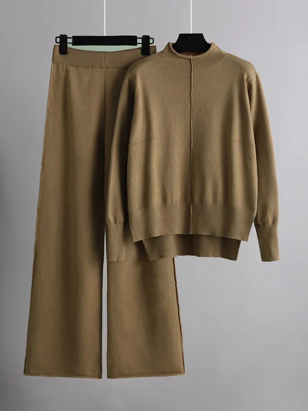 Stylish High-Low Long Sleeves Split-Side Solid Half Turtleneck Sweater Tops & Wide Leg Pants Two Pieces Set