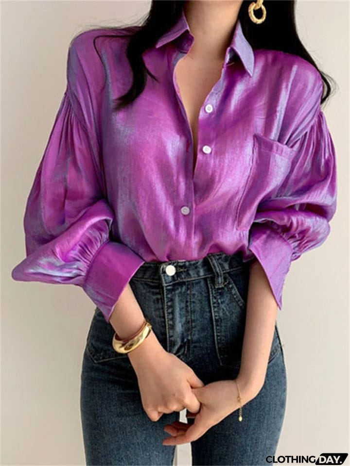 Charming Ladies Lantern Sleeve Lapel Collar Button Glimmer Blouse