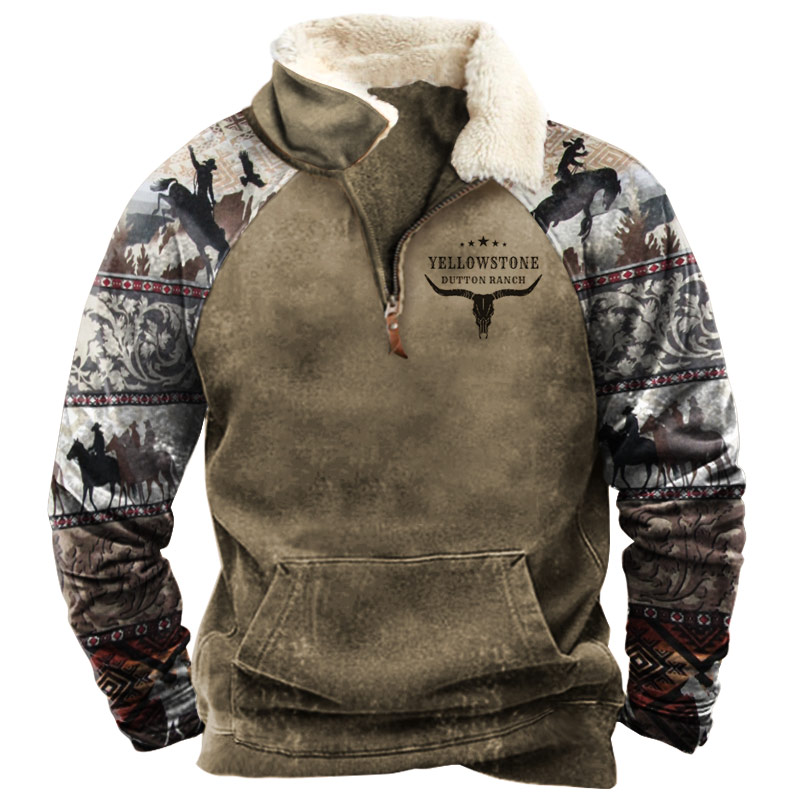 Men's Vintage Yellowstone Western Cowboy Zipper Fleece Neck Sweatshirt