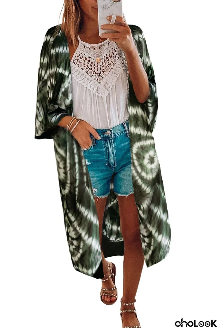 Bat Sleeve Fashion Tie-dye Print Cardigan