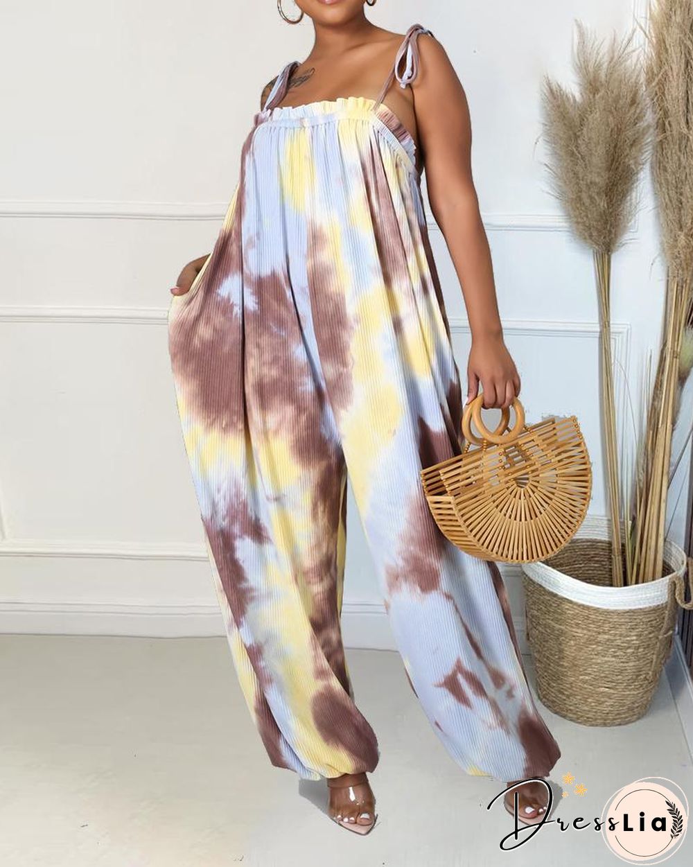 Tie Dye Frill Trim Fringe Belted Cami Jumpsuit