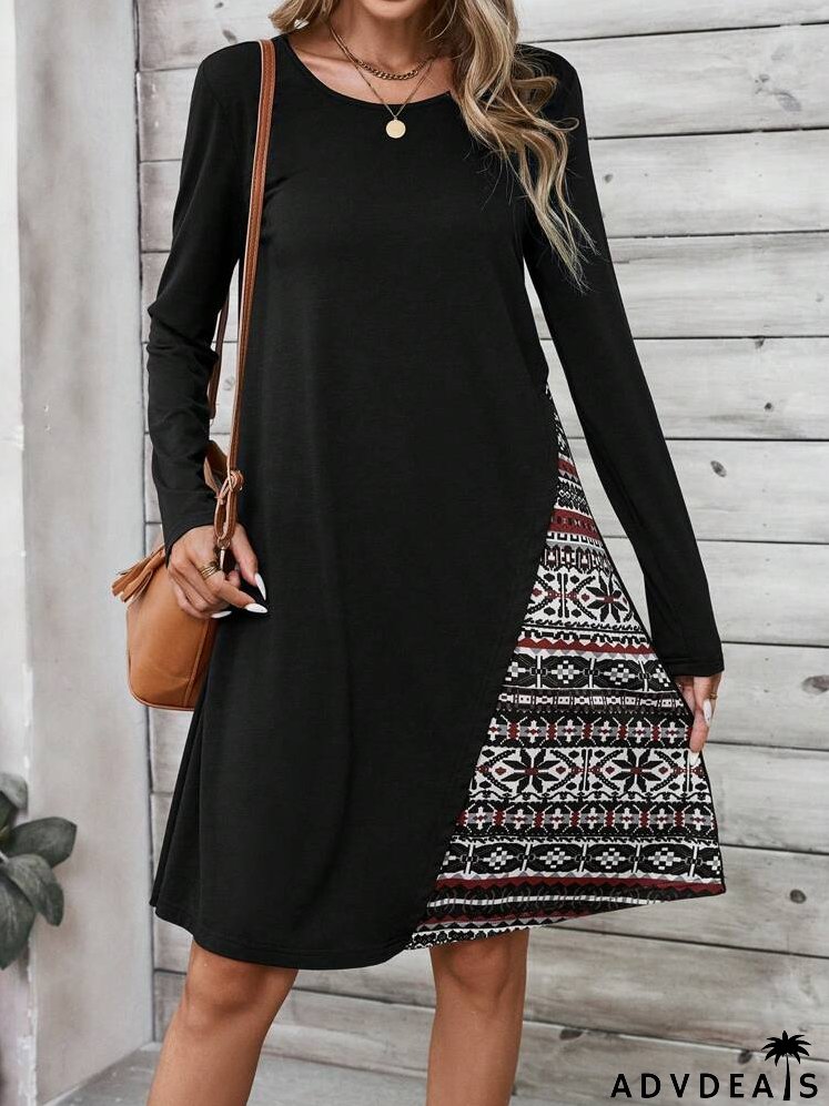 Fall Dress With Retro Pattern Patchwork, Women's Long-Sleeve Dress