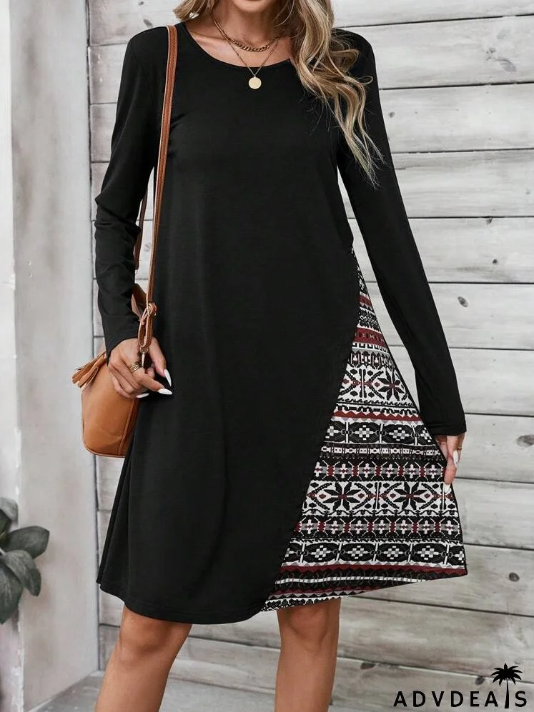 Fall Dress With Retro Pattern Patchwork, Women's Long-Sleeve Dress