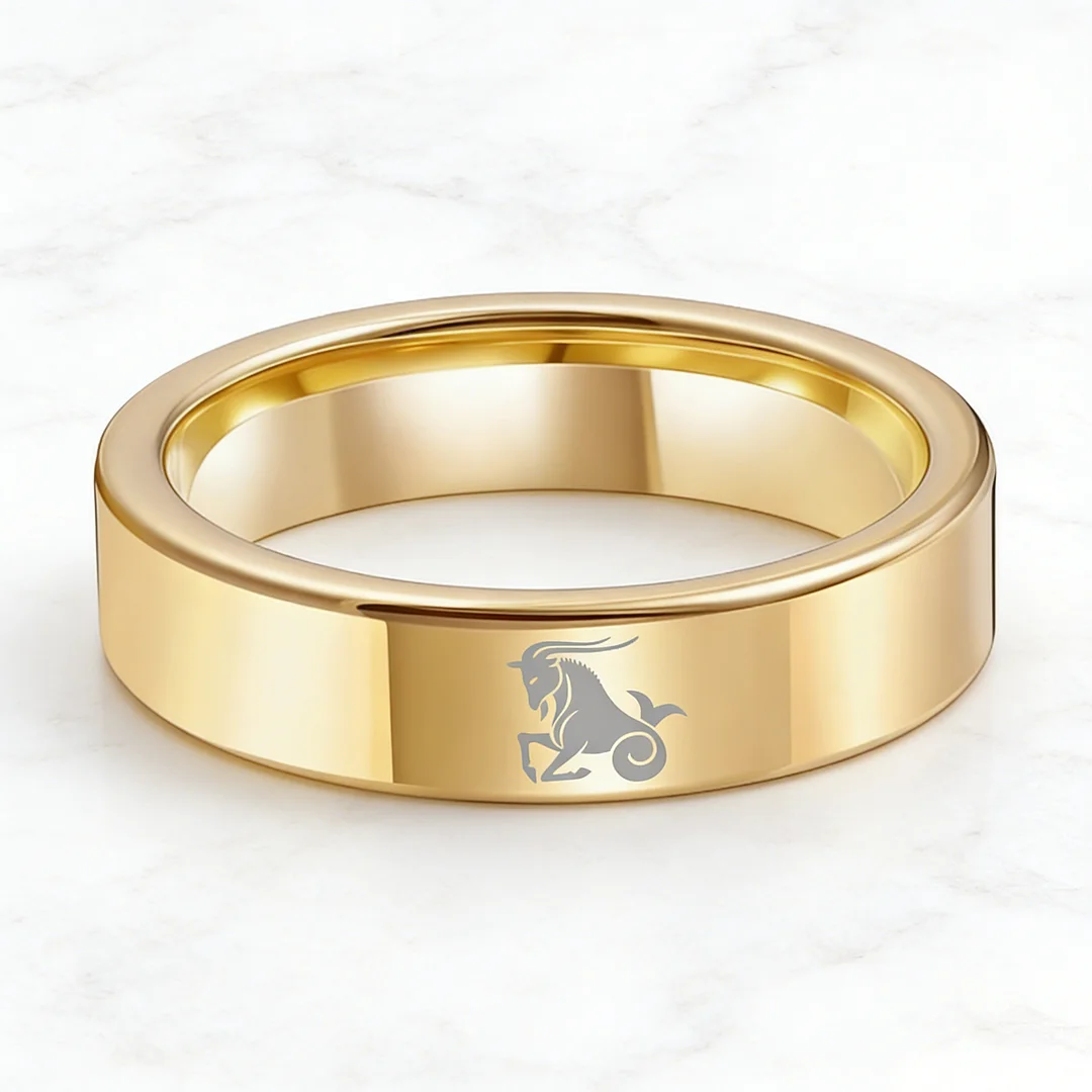 Men Women Gold Capricorn Tungsten Carbide Rings Couple Wedding Band Flat Comfort Fit 4MM 6MM 8MM Width