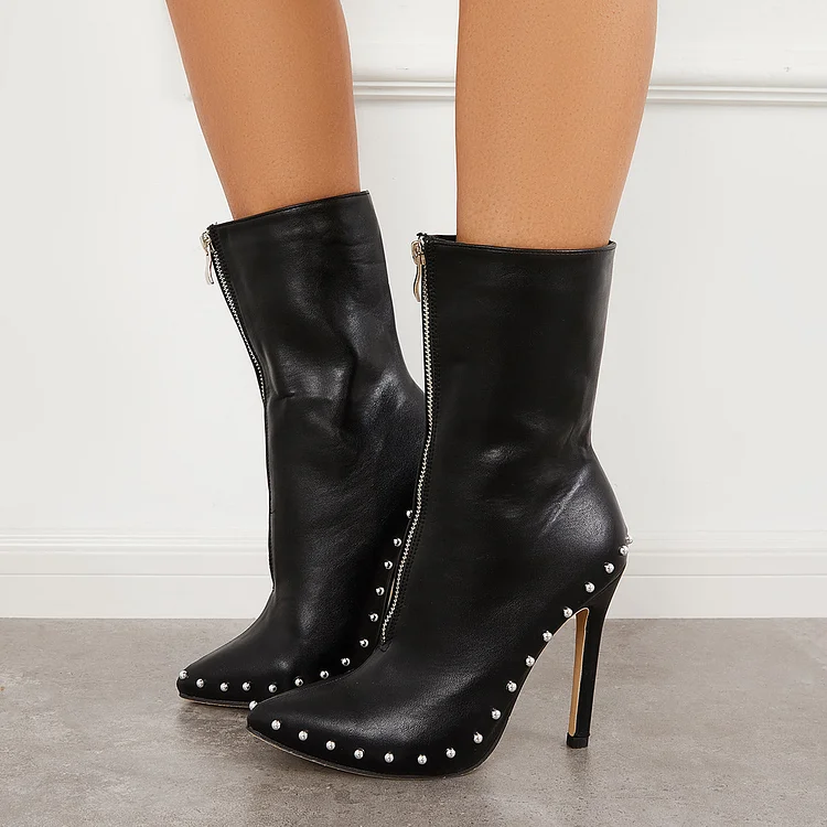 Pointed Toe Stud Stilettos High Heel Mid Calf Boots