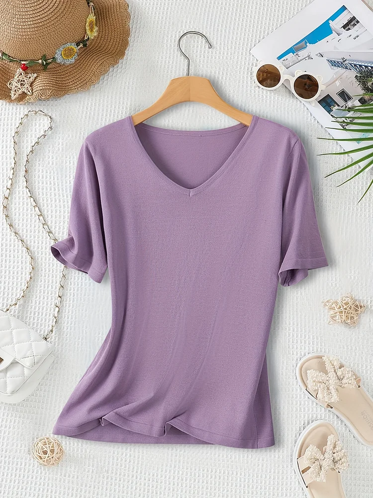 Women's Casual V-Neck Short Sleeve Blouse - Lightweight Breathable Soft Texture Fabric, Solid Color Versatile Top For Spring/Summer, Machine Washable Casualwear, Spring Fashion, Relaxed Fit, Comfortable Material, Stylish Shirt, Spring Wardrobe