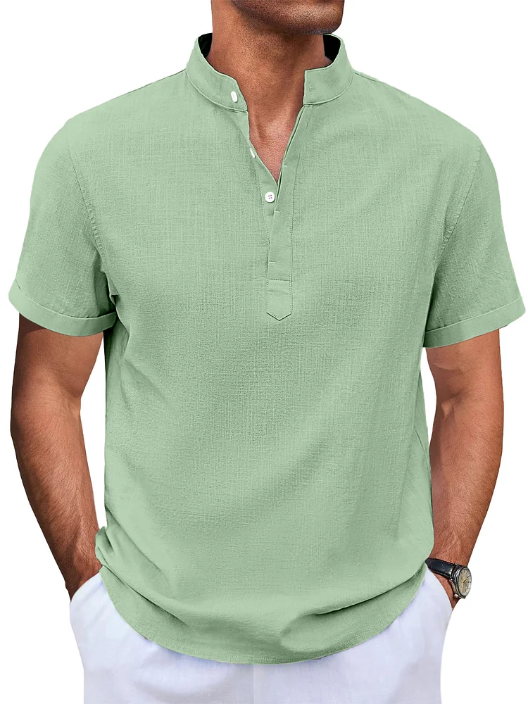 Men's Casual Daily Solid Color Stand Collar Short Sleeve Shirt