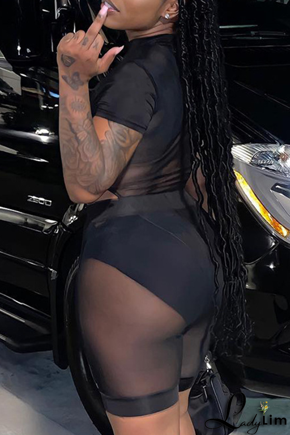 Black Sexy Solid Split Joint Mesh O Neck Short Sleeve Two Pieces