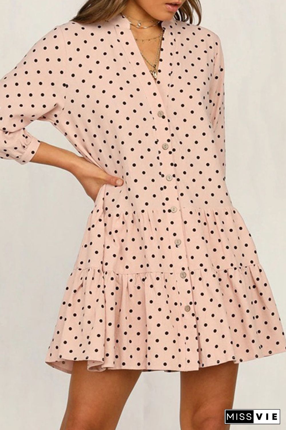 Fashion Street Dot Split Joint Mandarin Collar Printed Dresses