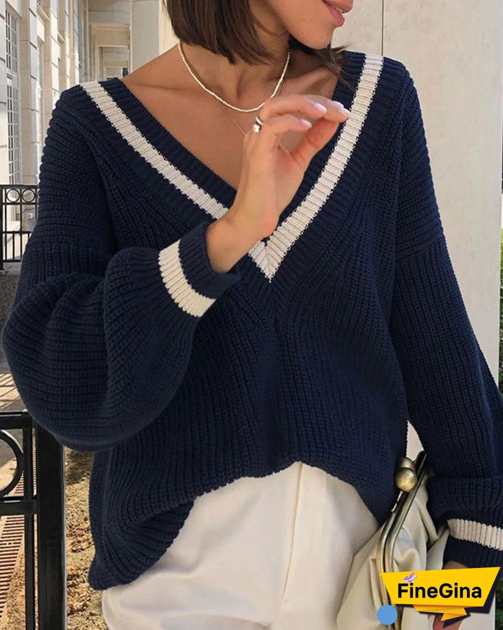 Elegant Long Sleeve Color Block Sweater
