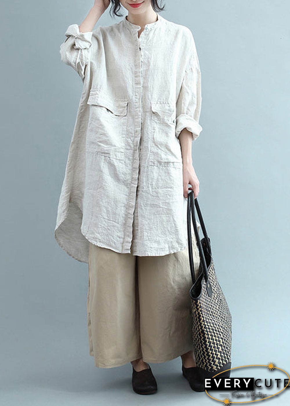 Bohemian lapel Button Down cotton top silhouette Organic Fashion beige Plus Size Clothing blouses Summer