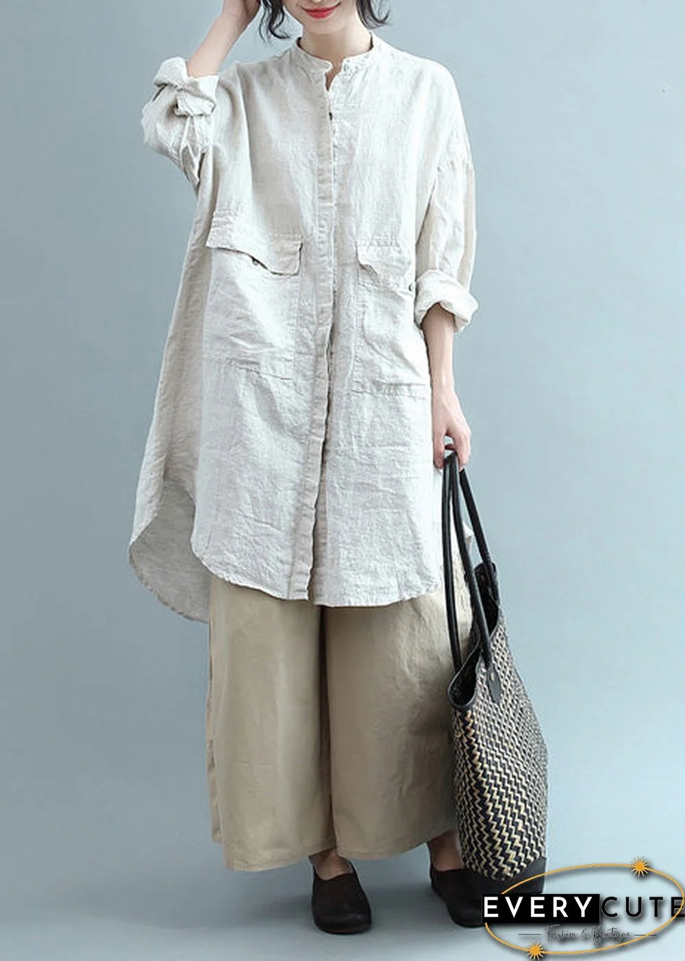 Bohemian lapel Button Down cotton top silhouette Organic Fashion beige Plus Size Clothing blouses Summer