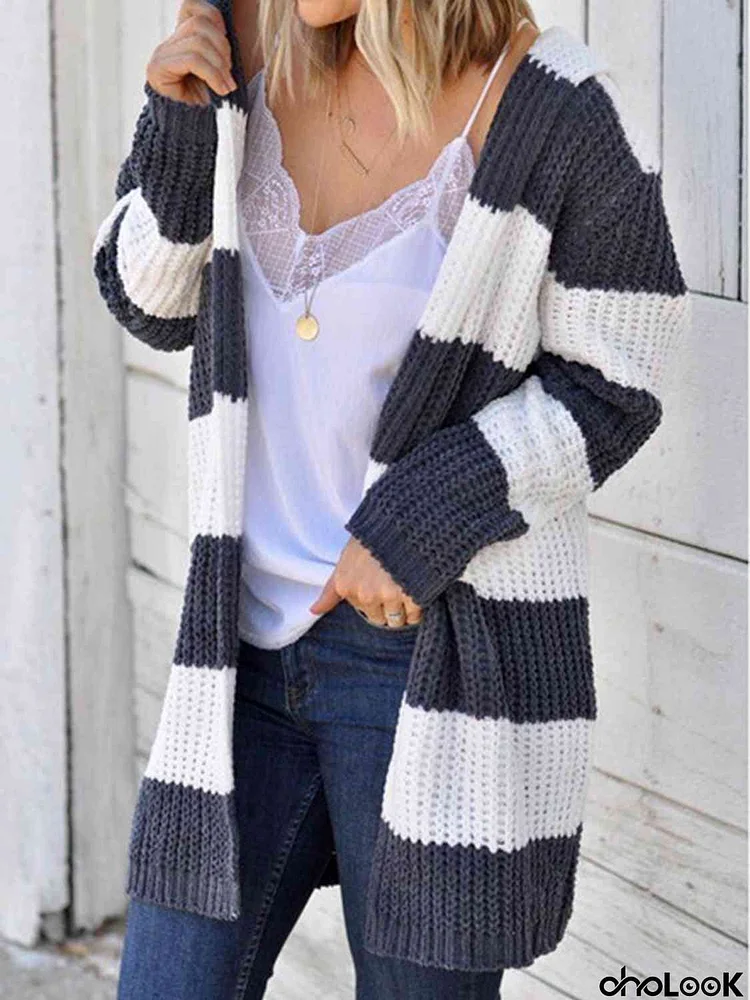 Striped Open Front Hooded Cardigan