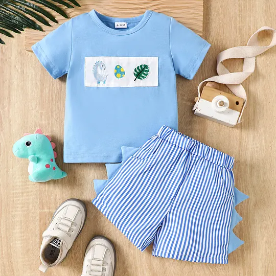 【6M-4Y】Boys' Cute Dinosaur Embroidered Horn T-Shirt & Shorts Set