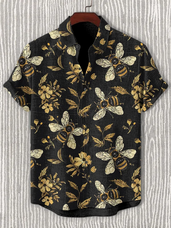 Men's Vintage Flowers And Bees Art Print Short Sleeve Shirt