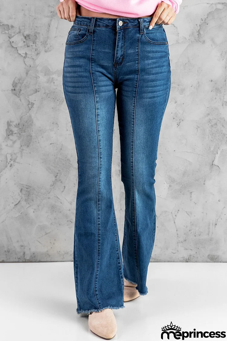 Blue Raw Hem Flared Jeans