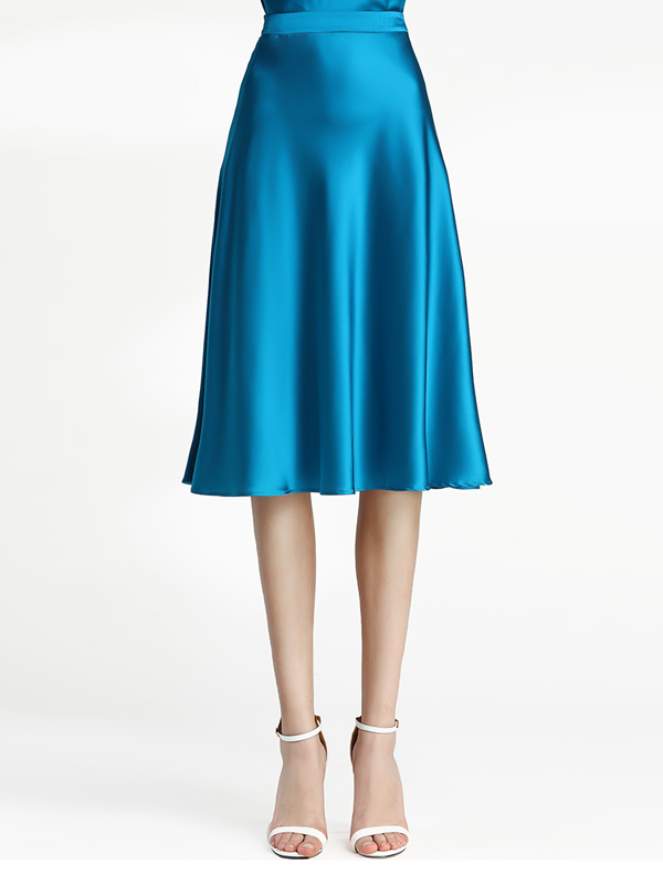 Peacock Blue A-line Silk Midi Skirt