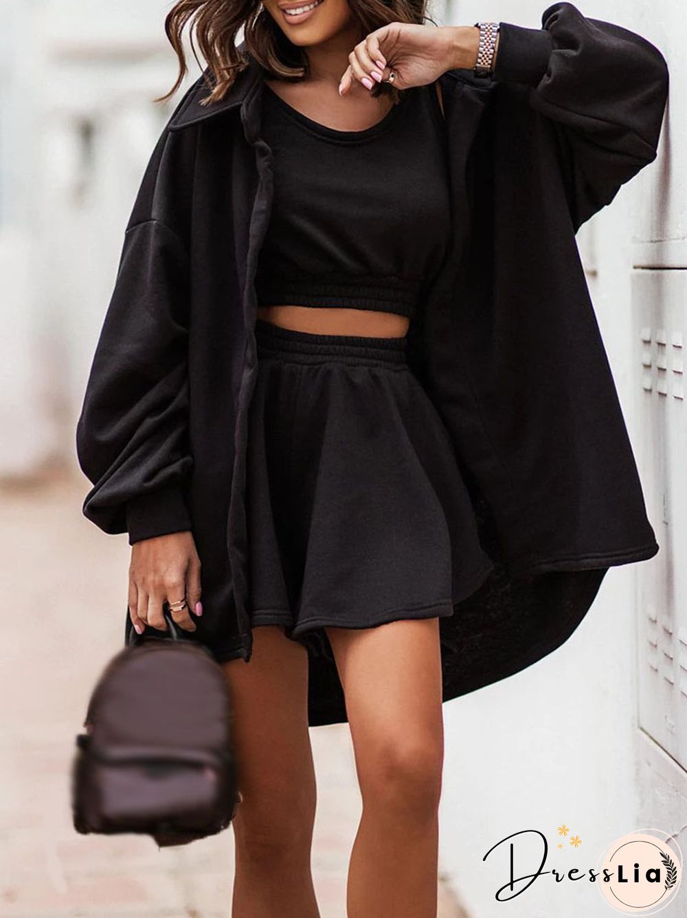 Women Elegant Loose Tracksuit 3Pc Set Sexy V-neck Blouse & Elastic Waist Short & Cardigan Shirts Suit Casual Long Sleeve Outfits