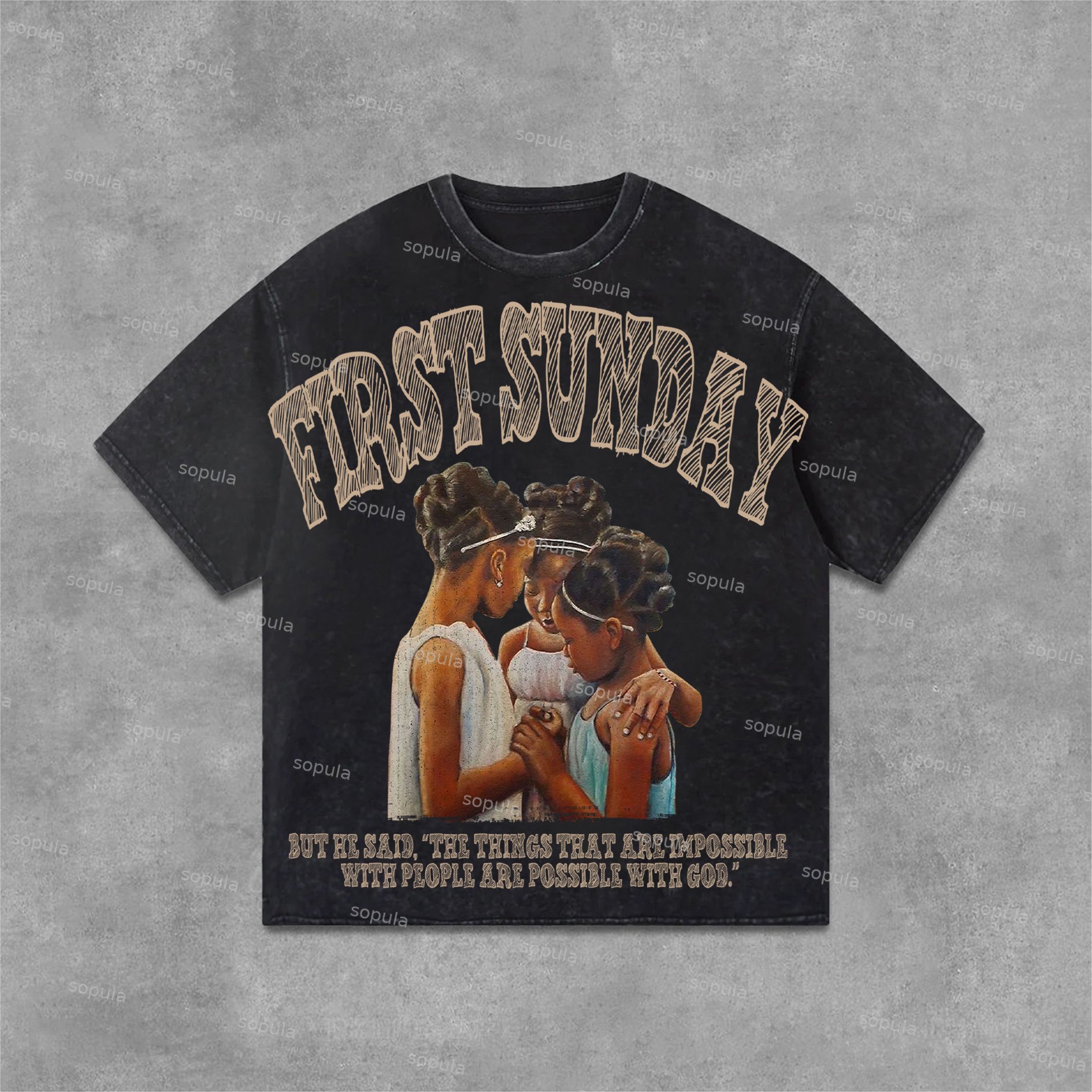 Sopula Retro First Sunday Faith Bible Graphic Print Acid Washed Street T-Shirt - SOPULA