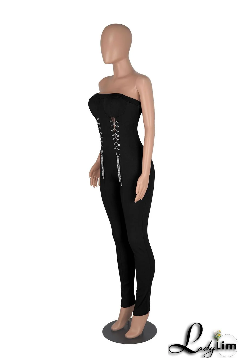 Sexy Tube Top Corns Metal Chain Waist Jumpsuit