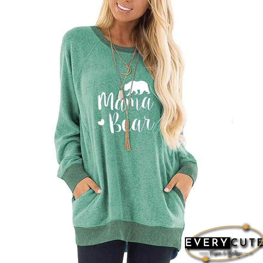 Green Mama Bear Print Pocketed Sweatshirt