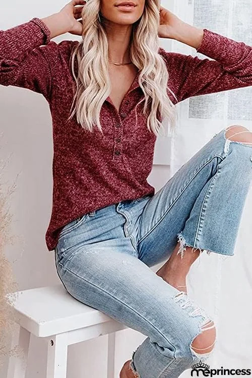 Button O Neck Knit Long Sleeve Top