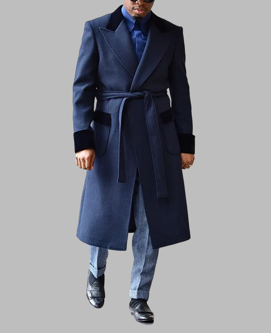 Velvet Splicing Lapel Collar Flap Pockets Lace Up Overcoat