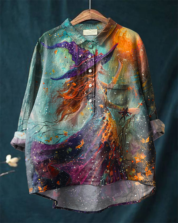 Halloween Witch Pattern Cotton and Linen Shirt