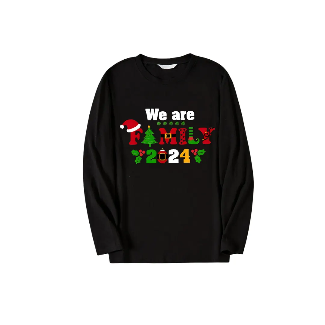 "We Are Family 2024" Coloful Text Pattern Black Long Sleeve Top