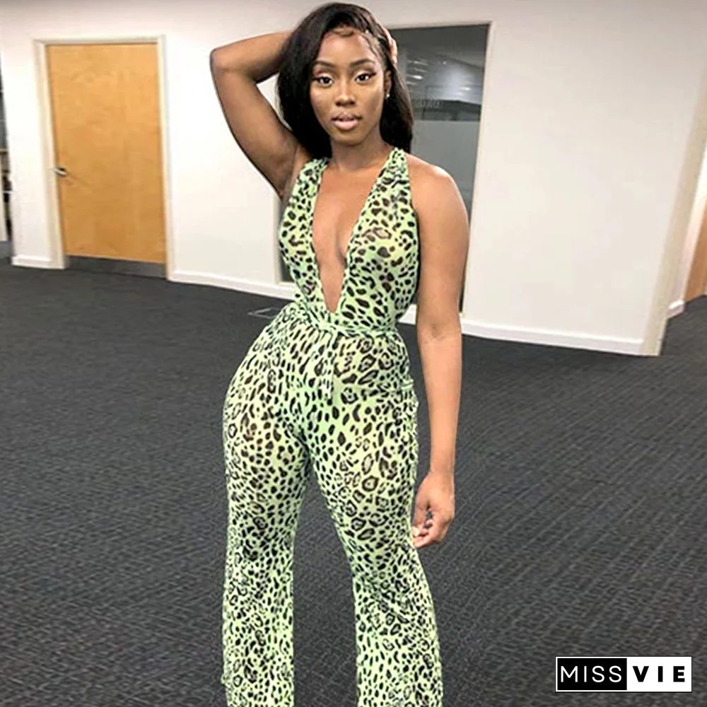 Sexy Backless Sleeveless Leopard Printed Tight Jumpsuit