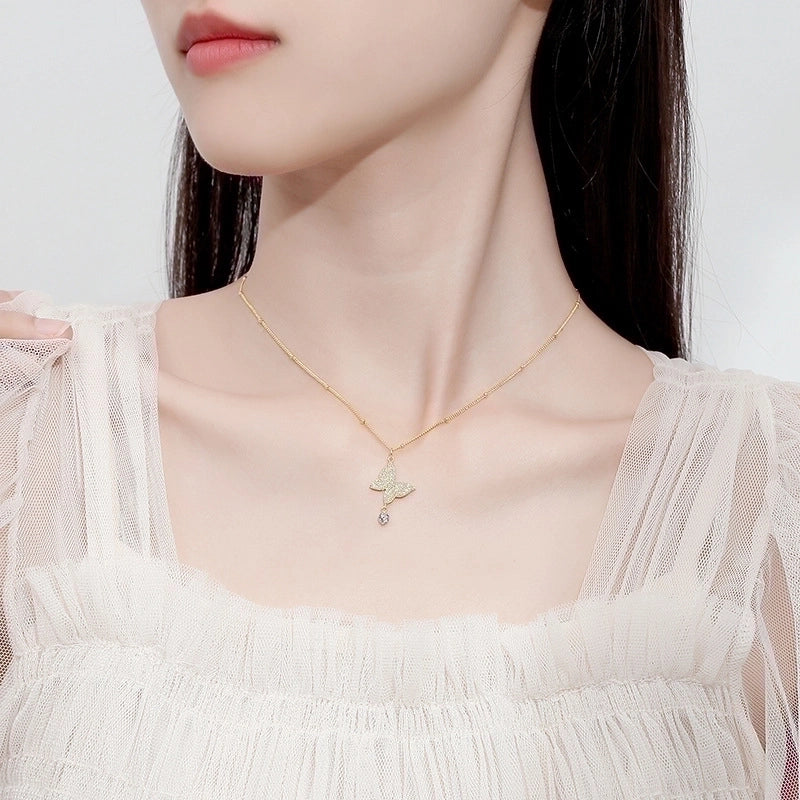 925 Sterling Silver Zircon Plating Inlay Butterfly Pendant Necklace