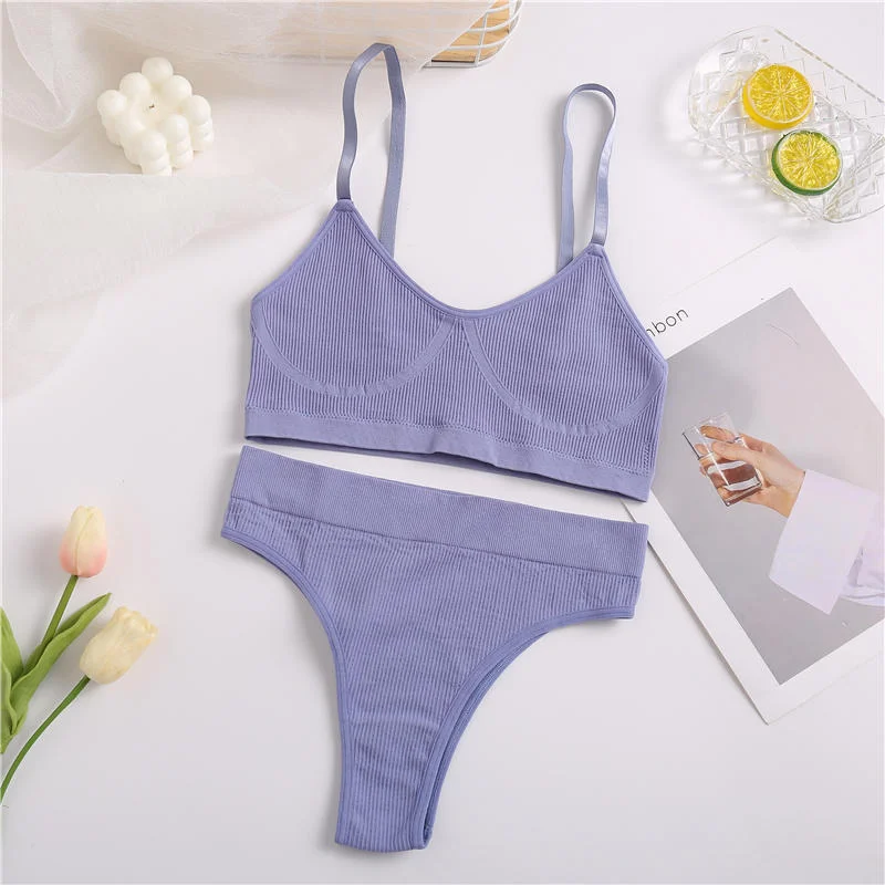 Billionm Sexy Bra Set Women Seamless Underwear Female Lingerie Ribbed Tops Thong High Waist Panties Brassiere Stretchy Tank Crop Top