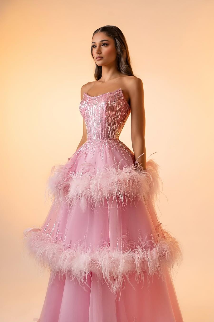 Beautiful Pink Sleeveless Sequins Strapless A Line Prom Dress with Feathers | MS0479