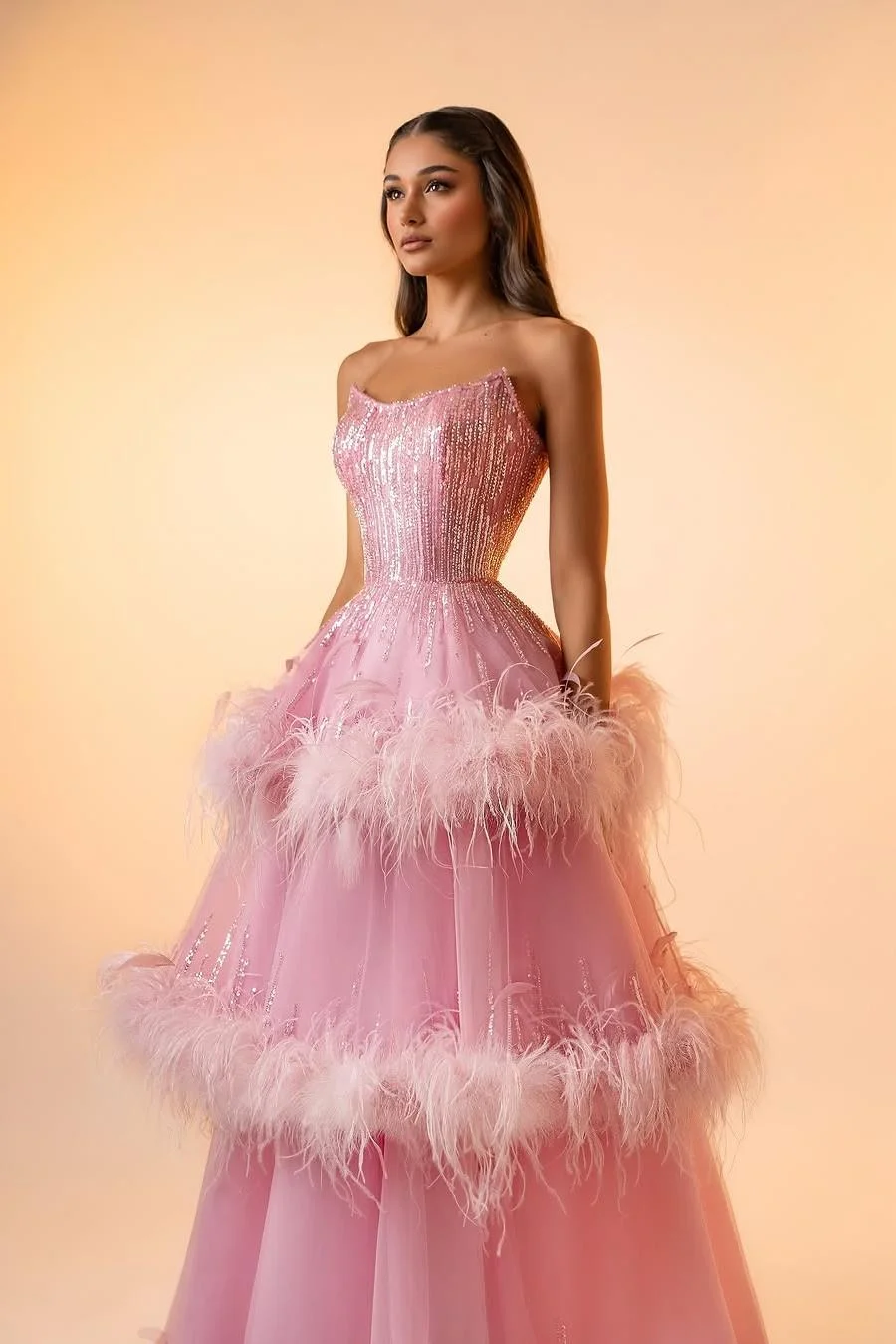 Miabel Beautiful Pink Sequins Sleeveless Strapless A Line Prom Dress with Feathers 
