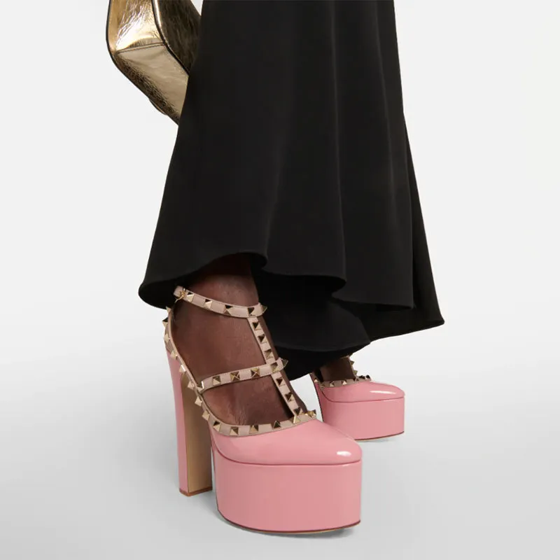 150mm thick heel round toe rivet patent leather thick platform sandals-vocosishoes
