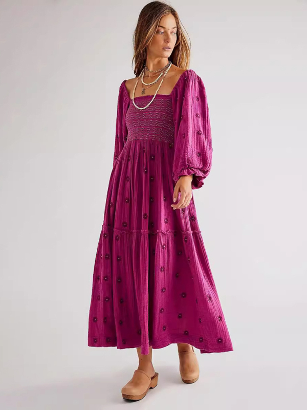 Mature Women Summer New Casual Embroidered Square Collar Sunflower Rose Red Dress