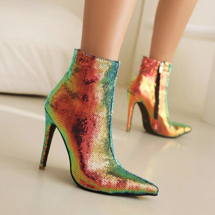 Ombre Pattern Pointed Toe Sequin Short Boots-Gold