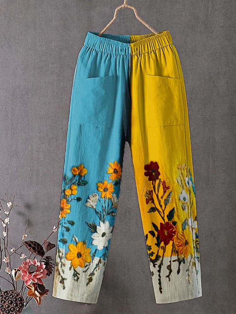 Women's Vintage Floral Art Printed Cotton And Linen Casual Pants