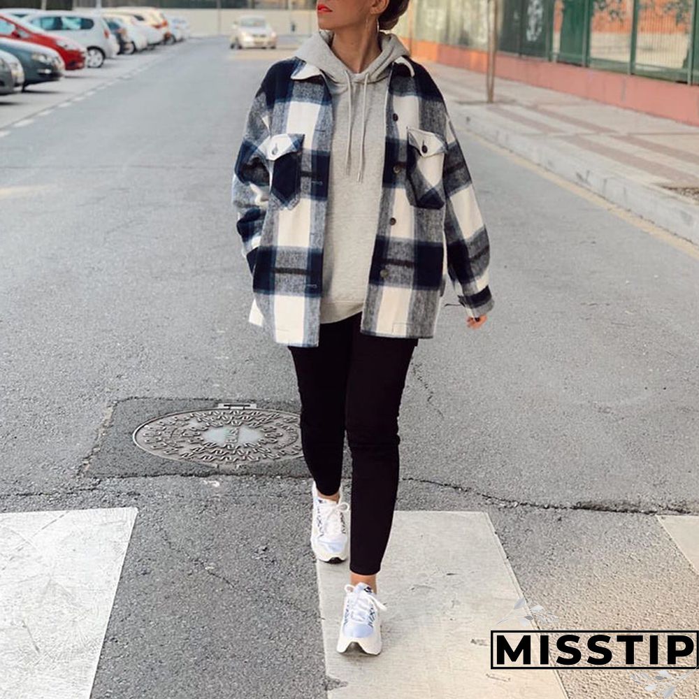 Classic Thick Colorblock Checked Button Down Shirt Jacket Woolen