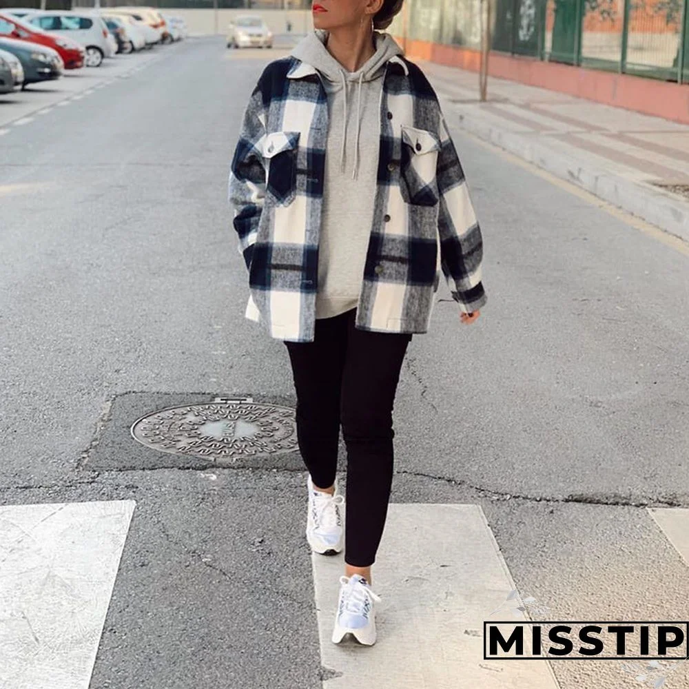 Classic Thick Colorblock Checked Button Down Shirt Jacket Woolen