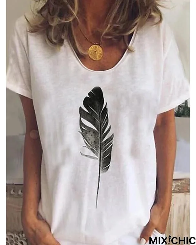 Women's T-Shirt Gradient Feather V Neck Tops Loose Basic Top White Light Blue