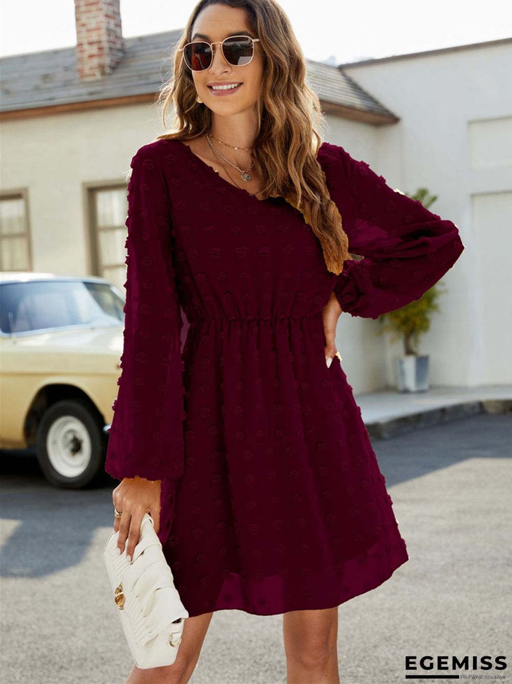 Dot A-line Skirt Ruffled V-neck Casual Loose Short Dress | EGEMISS