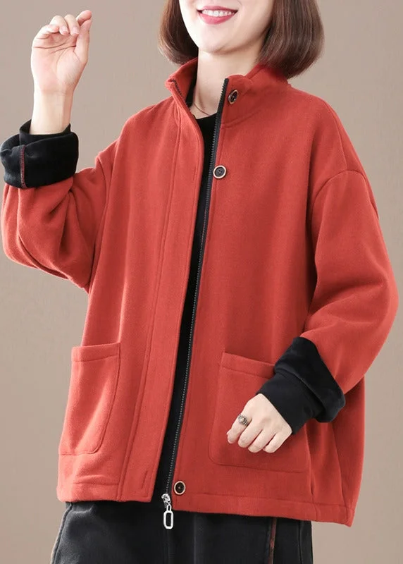Red Thick Warm Fleece Jacket Zip Up Pockets Winter