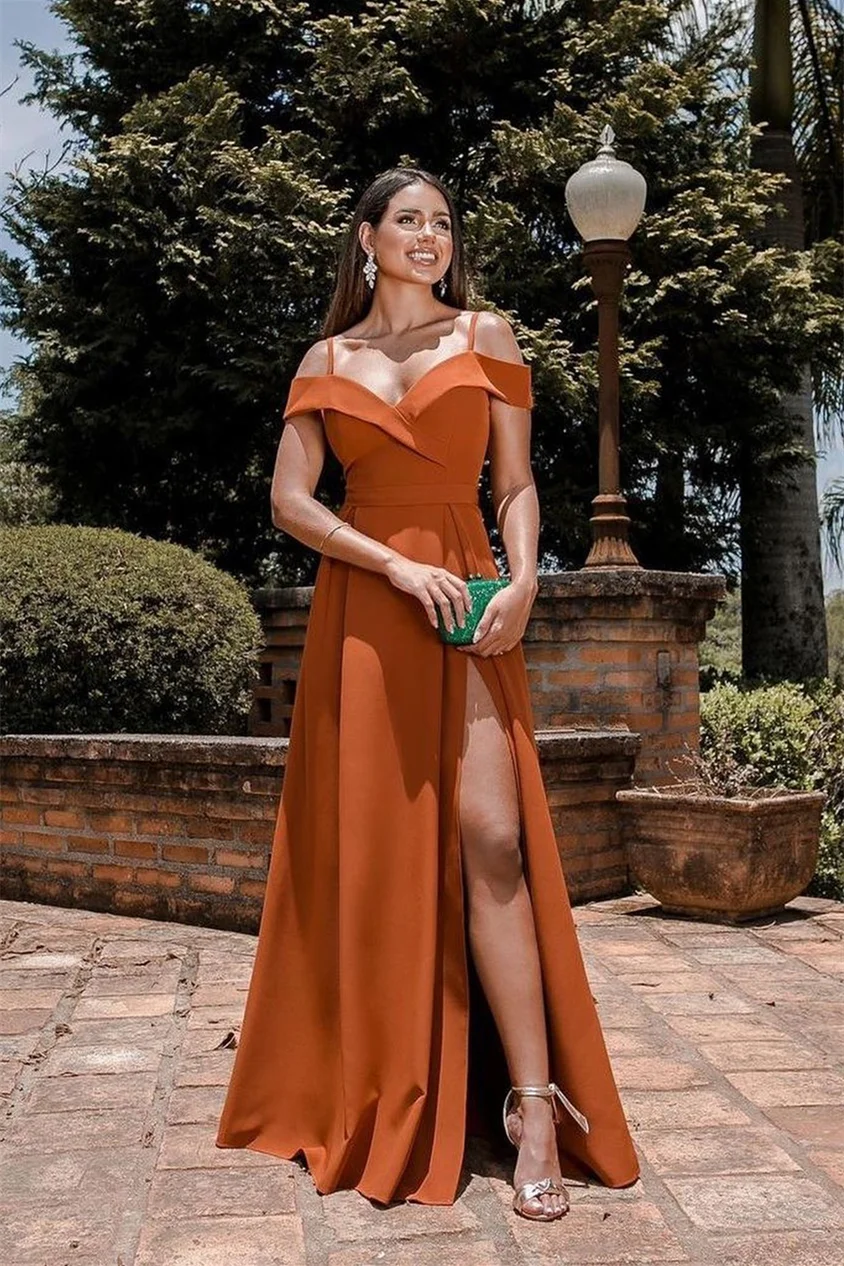 Burnt Orange Off-The-Shoulder Evening Dress Spaghetti-Straps Split Sweetheart Online ED0304 Burnt Orange Off-The-Shoulder Evening Dress Spaghetti-Straps Split Sweetheart Online ED0304