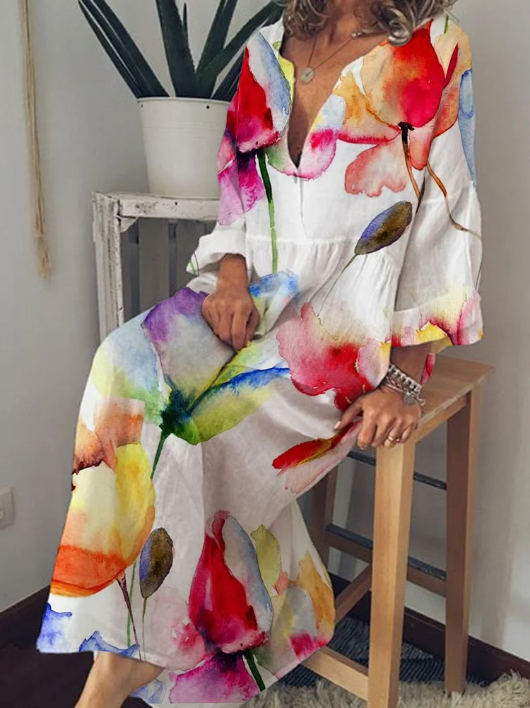 Flower Print  V- Neck Long Sleeve Casual Dress-Mayoulove
